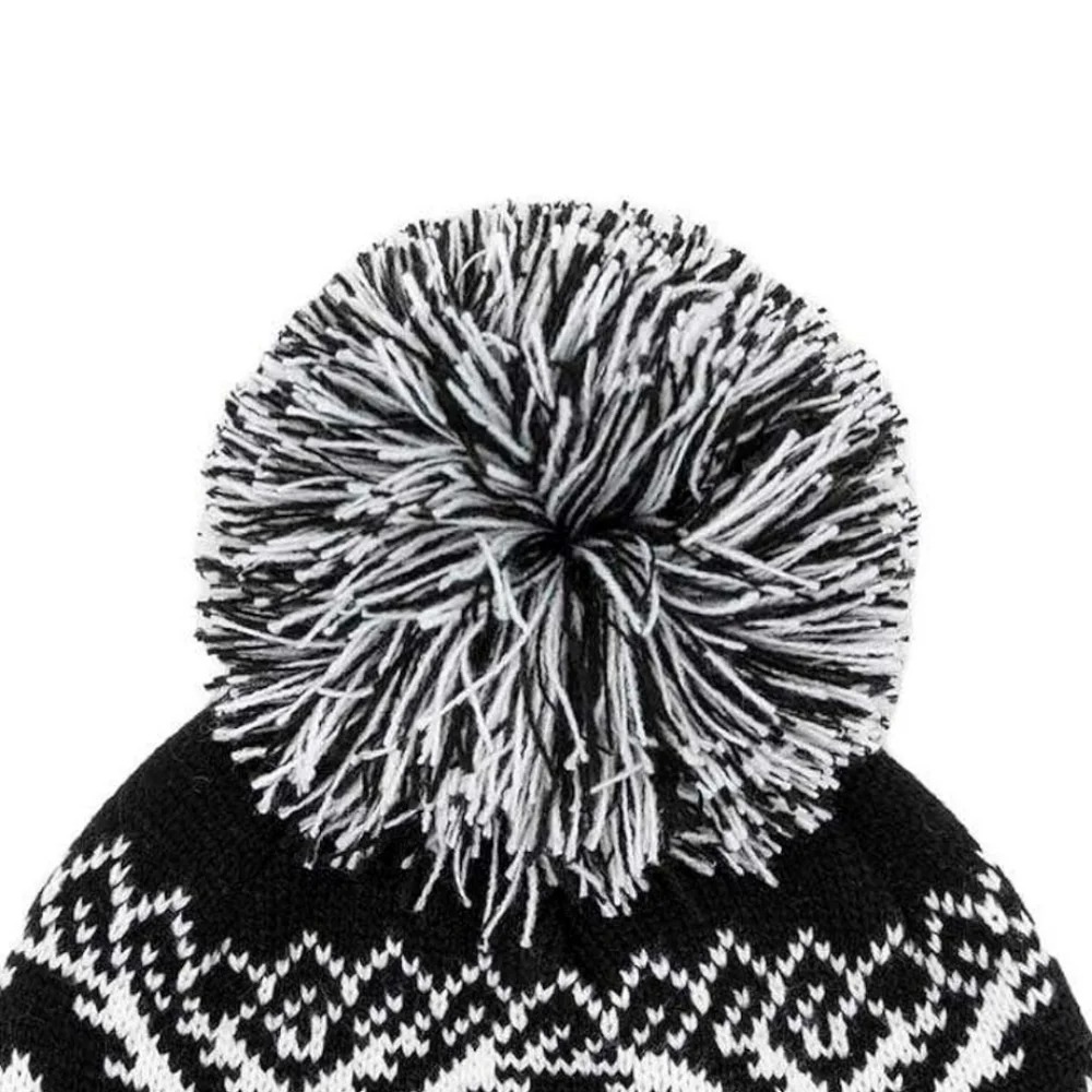 C.C Beanie Women's Fair Isle Knit Winter Hat Black White Geometric Pom Pom NWT